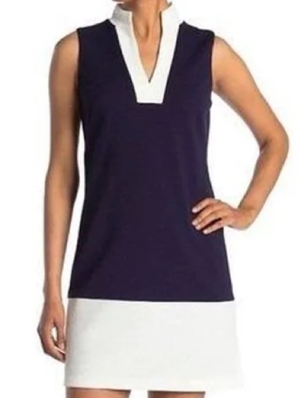 Sail To Sable Navy and White Sleeveless V-Neck Shift Dress. XS